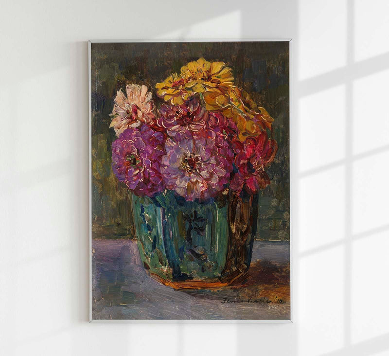 Still Life with Zinnias in a Green Jar – Botanical Poster by Floris Verster | UV-resistant | Premium Art Print — Patroa Studio