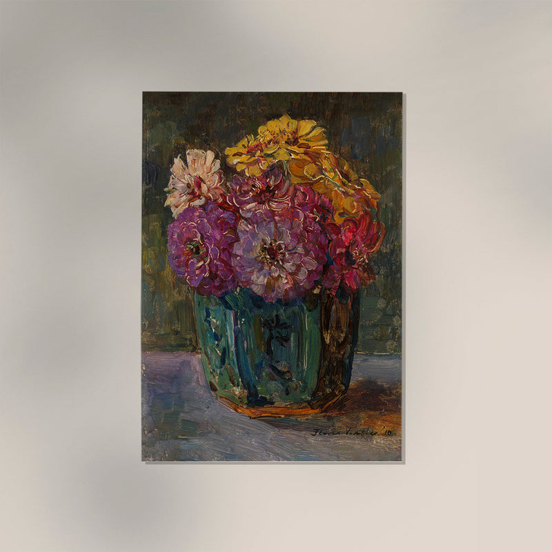 Still Life with Zinnias in a Green Jar – Botanical Poster by Floris Verster | UV-resistant | Premium Art Print — Ansicht 3