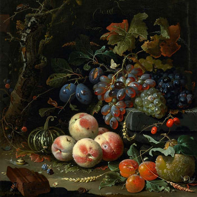 Dutch Still Life with Fruit, Foliage, and Insects Botanical Squared Print