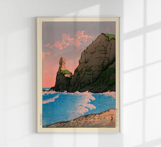 Setakamu Rocks in Shiribe Fine Art Print nach Hasui Kawase mit stimmungsvoller Küstenlandschaft, feinen Farbverläufen und hochwertigem Giclée-Druck für natürliche Räume
