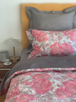 Bettwäsche Set Silber Rose – 100% mercerisierte Baumwolle | Satin 300 TC | Bügelleicht