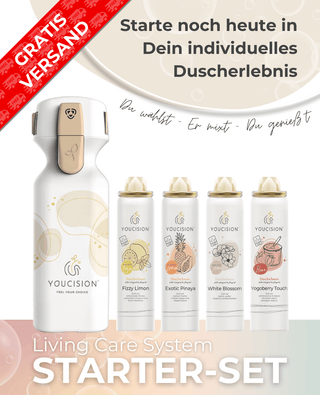 Vegane Naturkosmetik Produktbild: Duschschaum mischen auf Knopfdruck made in Germany mit YOUCISION Dispenser und rechts daneben 4x Ingies: Fizzy Limon, Exotic Pinaya, White Blossom, Yogoberry Touch