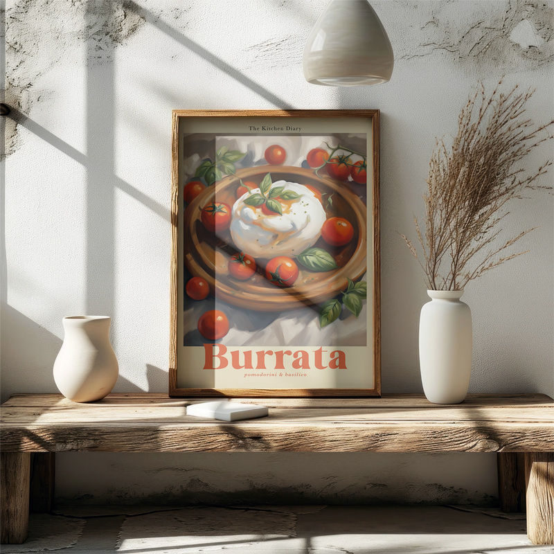 The Kitchen Diary: Burrata, Cherry Tomatoes & Basil – Culinary Art Poster UV-resistant — Ansicht 2