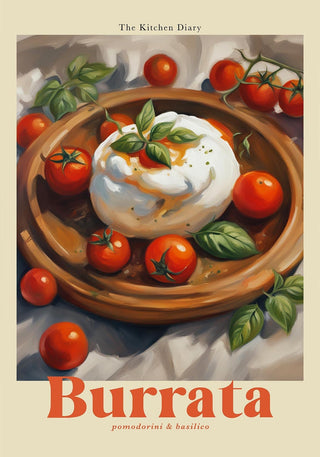 The Kitchen Diary: Burrata, Pomodorini & Basilico – Culinary Art Poster | UV-beständig | Premium Kunstdruck aus Berlin