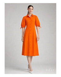 A-Line Linen Dress Orange – 100% Linen, Button Placket, Adjustable Puff Sleeves — Ansicht 1