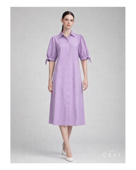 A-Line Leinenkleid Lavendel – 100 % Leinen, verstellbare Puffärmel, Größe XL