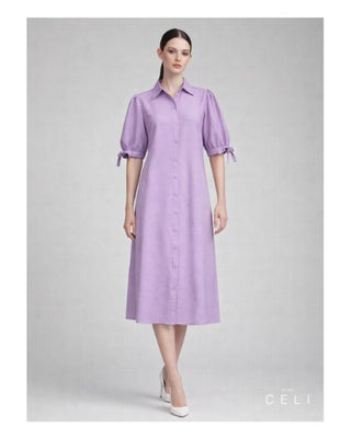 A-Line Leinenkleid Lavendel – 100 % Leinen | Shirtdress | Verstellbare Puffärmel