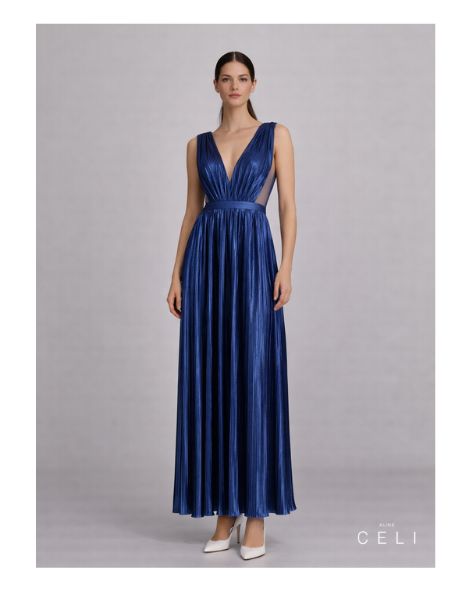 Maxi Kleid Sustainable Fabric – Recyceltes Polyester, Plissierter Look, Tiefer V-Ausschnitt