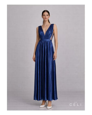 Maxi Dress Sustainable Fabric – Recycled Polyester | Pleated Look | Deep V-Neck