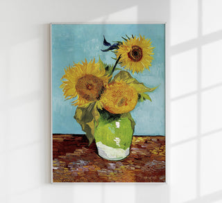 Vase with Three Sunflowers Blue by Van Gogh – Art Print