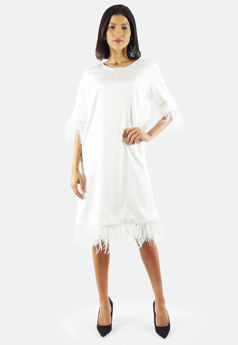 Katerine dress made of recycled polyester with feather details - white, EU production — Aline CELI