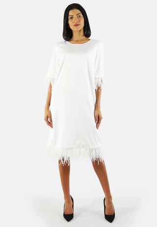 Sustainable Fabric Katerine dress, recycled polyester | White | Feather details | EU production