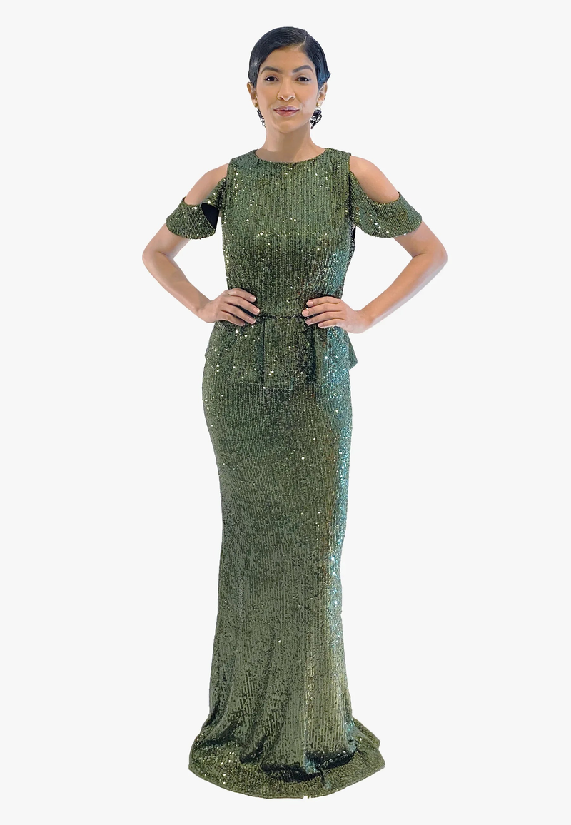 Meghan Dress – Olive Green Sequins, Cut-Out Shoulders, EU Elegance — Aline CELI