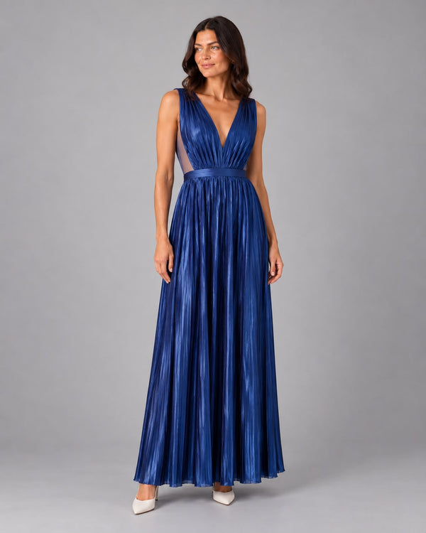 Maxi Dress Sustainable Fabric – Recycled Polyester, Pleated Look, Deep V-Neck