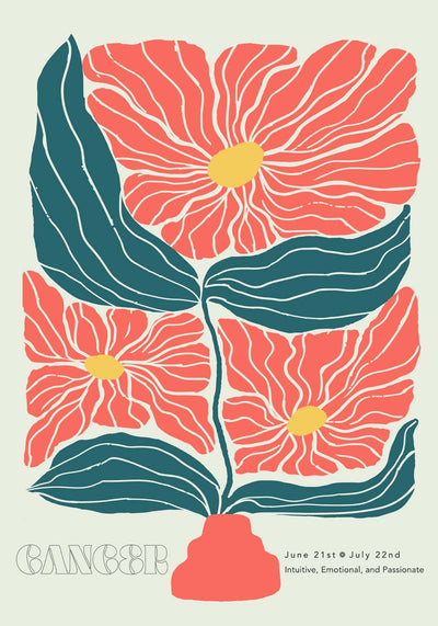 Cancer Zodiac Sign Art Poster – Illustration mit Blütenmotiv