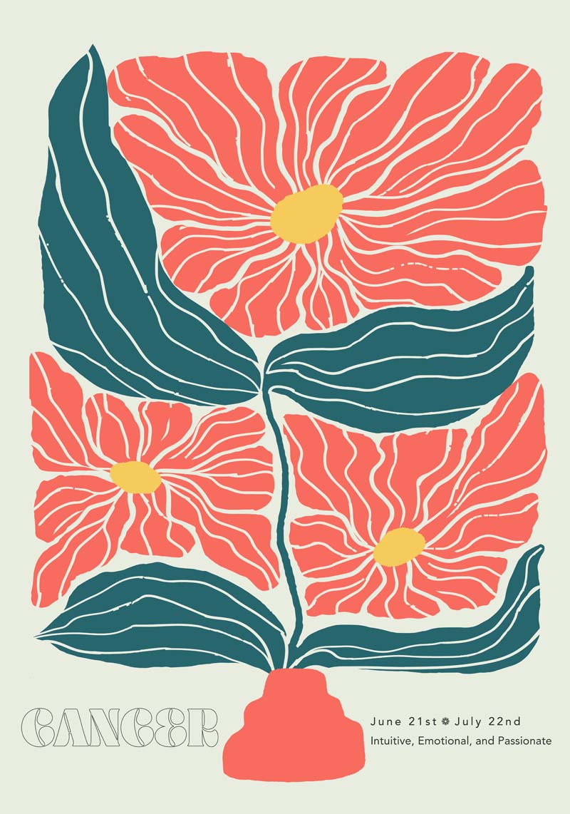 Cancer Zodiac Sign Art Poster – Illustration mit Blütenmotiv — Ansicht 4