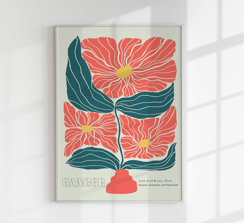 Cancer Zodiac Sign Art Poster – Illustration mit Blütenmotiv — Patroa Studio