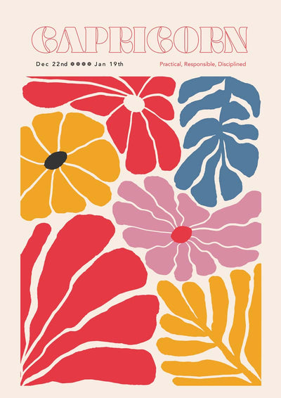 Capricorn Zodiac Sign Poster - Illustration with Flowers and Circle Design