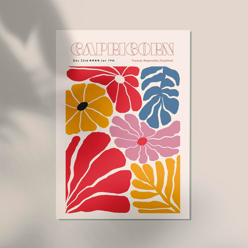 Capricorn Zodiac Sign Poster - Illustration with Flowers and Circle Design — Ansicht 3