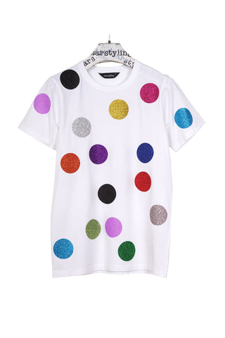 Unisex T‑Shirt mit multicoloren Glitzerpunkten allover; weicher, leichter Jersey, flexibler Glitter‑Print, ideal für Festivals, Raves und nächtliche Outfits.
