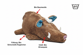 Bio Kuschelkissen Wildschwein  aus Bio Baumwollplüsch mit Hirsespelz Füllung