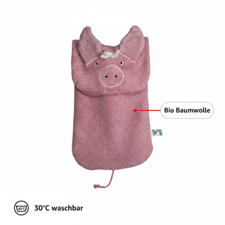 Bio Wärmflasche Schwein aus Bio Baumwolle mit 800 ml. Kautschuk Flasche