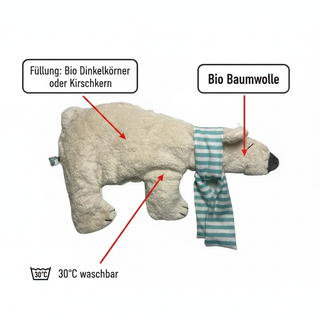 Bio Wärmekissen Eisbär aus Bio Baumwollplüsch mit Dinkelkörner oder Kirschkern Füllung