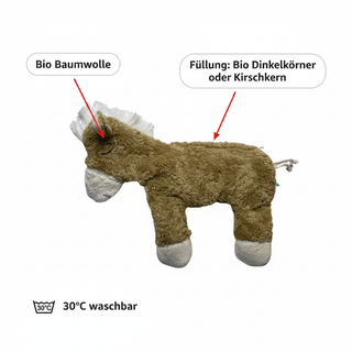 Bio Wärmekissen Pferd hellbraun aus Bio Baumwollplüsch mit Dinkelkörner oder Kirschkern Inlett