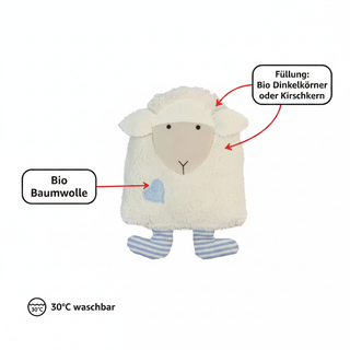 Bio Wärmekissen Schaf Eisblau aus Bio Baumwollplüsch mit Dinkelkörner bzw. Kirschkern Inlett