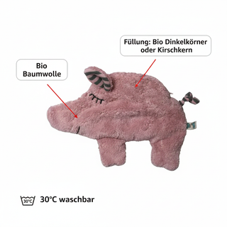 Bio Wärmekissen Schwein aus Bio Baumwollplüsch mit Dinkelkörner oder Kirschkern Inlett