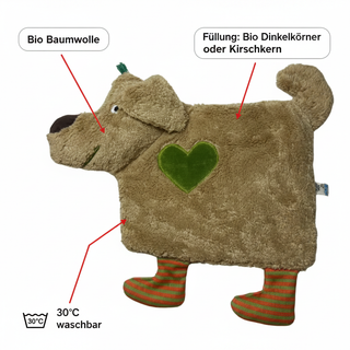 Bio Wärmekissen Hund hellbraun aus Bio Baumwolle mit Dinkelkörner Füllung