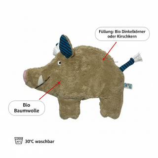 Bio Wärmekissen Wildschwein hellbraun aus Bio Baumwollplüsch mit Dinkelkörner bzw. Kirschkern
