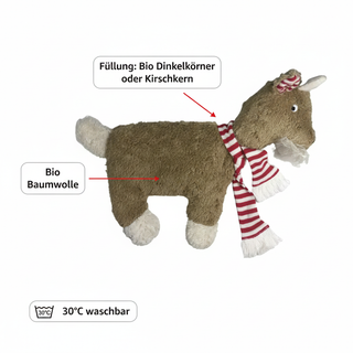 Bio Wärmekissen Ziege aus Bio Baumwollplüsch mit Bio Dinkelkörner oder Kirschkern Inlett