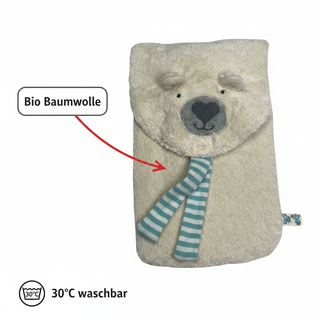 Bio Wärmflasche Eisbär aus Bio Baumwollplüsch mit 800 ml. Kautschuk Flasche