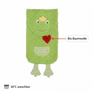 Bio Wärmflasche Frosch aus Bio Baumwollplüsch hellgrün Farbe mit 800 ml. Kautschuk Flasche