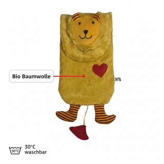 Bio Wärmflasche Löwe aus 100 % Bio Baumwollplüsch mit 800 ml. Kautschuk Flasche