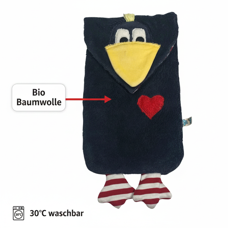 Bio Wärmflasche Rabe 800ml – Naturkautschuk & Bio-Baumwolle Handgefertigt — Pat & Patty