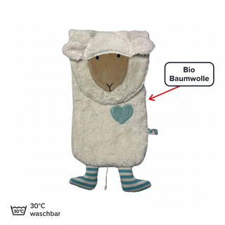 Bio Wärmflasche Schaf aus Bio Baumwollplüsch mit 800 ml. Kautschuk Flasche und waschbar