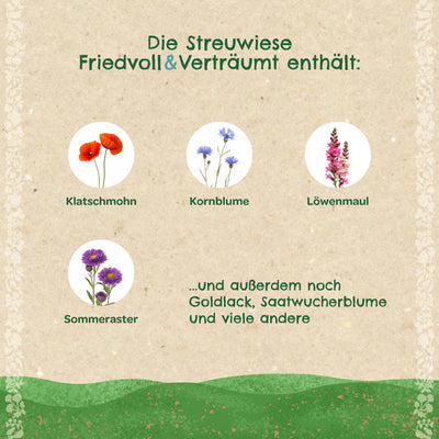 Streuwiese „Friedvoll & Verträumt“ – Wildblumenmischung mit Bodenverbesserer