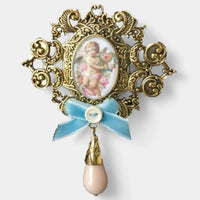 Dirndl Brooch "Angel" - Velvet Bow & Pearl Pendant, Pink or Light Blue — Ansicht 2