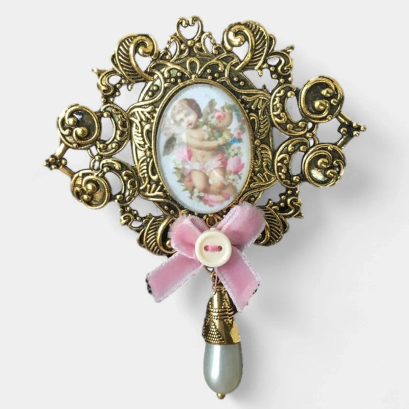 Dirndl Brooch "Angel" - Velvet Bow & Pearl Pendant, Pink or Light Blue — I bin I Schmuck und Werk
