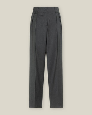 Graue Classic Hose für Damen aus zertifizierter Wolle mit Bundfalten, frontal im Studio fotografiert.