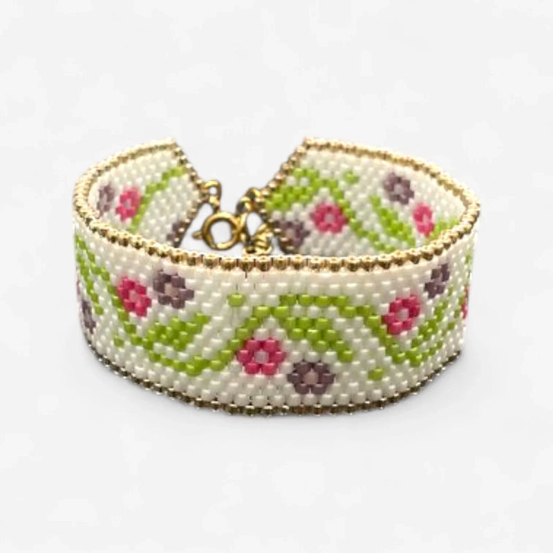"Flower Meadow" Pearl Bracelet - Hand-stitched Glass Bead Floral Pattern — Ansicht 2