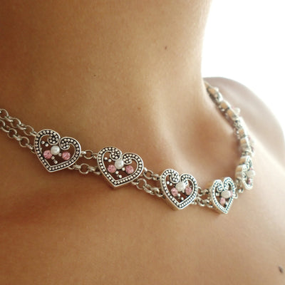 Double-strand heart necklace with pearls & rhinestones, 40 cm + 5 cm extension