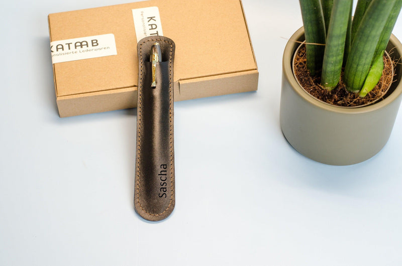 Leather Pen Pouch with Name Engraving – Personalized Leather Pen Case — KATAAB
