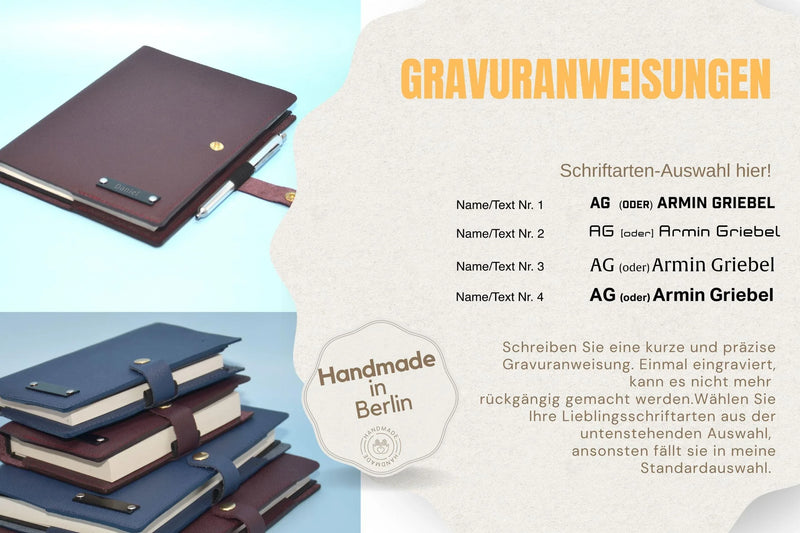 Leder Tagebuchhülle A6 Italienisches Nappa – Handgefertigt mit Refill & Gravur — Ansicht 3
