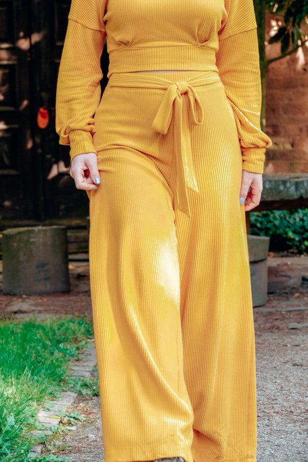 Aila Wide Leg Pants Amber – High Waist Ribbed Jersey Women's Fashion