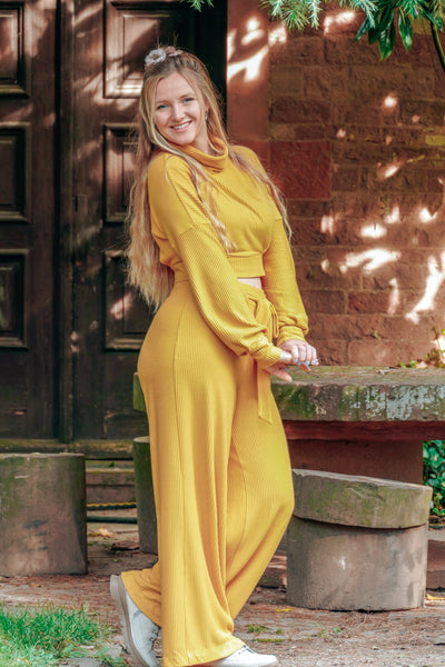 Aila Wide Leg Pants Amber – High Waist Ribbed Jersey Women's Fashion