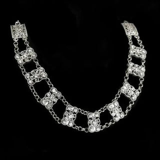 Necklace made of rectangles with floral pattern, rhinestone trim, double row