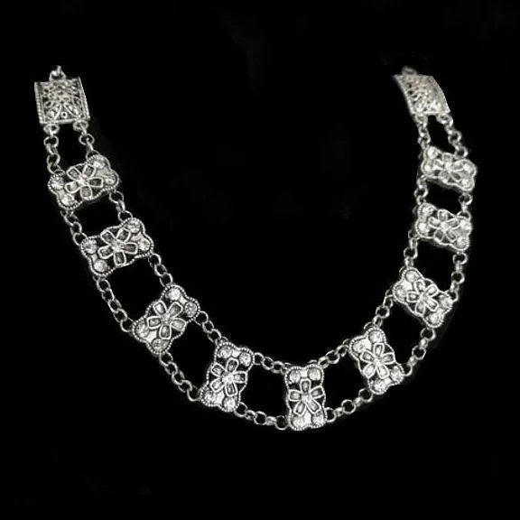 Necklace made of rectangles with floral pattern, rhinestone trim, double row — I bin I Schmuck und Werk